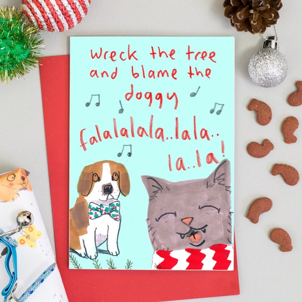 Funny Pet Christmas Card Cute singing cat and dog 'Wreck The Halls & Blame The Doggy' Funny Holiday Card