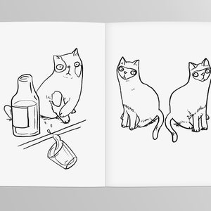 May include: A black and white line drawing of two cats. One cat is sitting on a counter with a bottle and glass. The other two cats are sitting side by side.