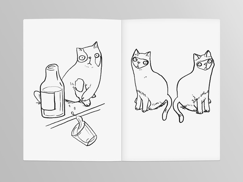 May include: A black and white line drawing of two cats. One cat is sitting on a counter with a bottle and glass. The other two cats are sitting side by side.