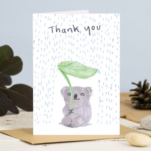 Gracias Koala Tarjeta de Saludos, Linda Tarjeta Koala, Koala Holding Leaf Umbrella