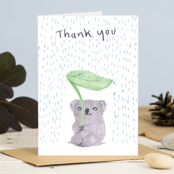 Thank You Koala Greetings Card, Cute Koala Card, Koala Holding Leaf Umbrella