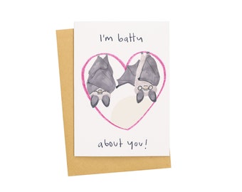 I'm Batty About You Valentines Card, Cute Love Card for Animal Lovers, Greetings Card For Bat Lovers,