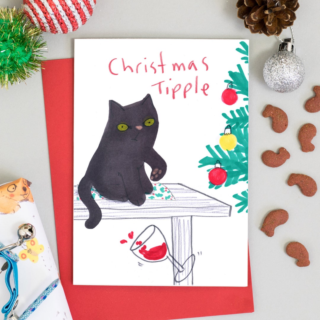 Black Cat Christmas Card: Funny Wine Tipple Holiday Greetings - Etsy