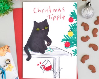 Black Cat Christmas Card Christmas Tipple Greetings Card, A6 Size Cat Holiday Card & Red Envelope, Cat Tipping Red Wine Glass Off The Table