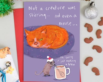 Funny Ginger Cat Christmas Card: Mouse Stirring Brew