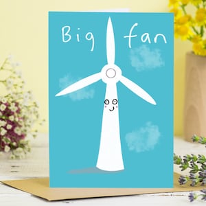 Tarjeta de San Valentín con un gran fanático del amor, pensando en ti, profesor favorito, mejores amigos, turbina eólica divertida, humor lindo, energía renovable, cielo azul