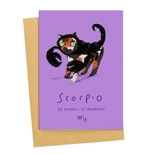 Carte d'anniversaire Scorpion, signe astrologique, carte du zodiaque, chat, horoscope