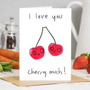 Te amo cereza mucho tarjeta de San Valentín, cerezas rojas, pensando en ti, tarjeta de aniversario, amantes, tarjeta francesa divertida, novio, novia