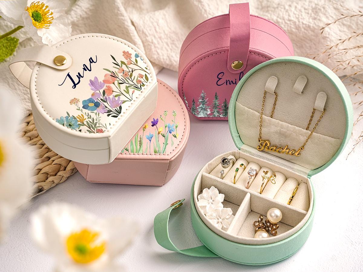 Personalized PU Leather Travel Jewelry Box: Custom Name & Birth Flower