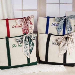 Personalized Embroidered Tote Bag – Bridesmaid Gift, Beach Bag with Scarf, Bachelorette or School Tote, Gift for Her