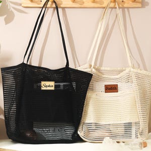 Engraved Leather Patch Mesh Beach Tote Bag, Personalized Gift