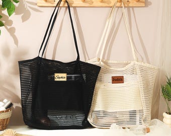 Engraved Leather Patch Mesh Beach Tote Bag, Personalized Gift