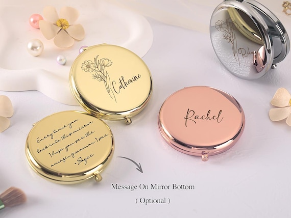 名前と誕生花が入ったパーソナライズコンパクトミラー、ブライズメイド