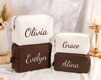 Embroidered Waffle Makeup Bag Personalized Monogram Toiletry Bag Custom Bridesmaid Gift