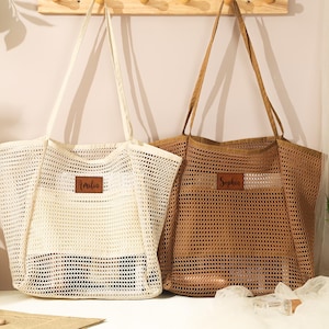 Personalized Mesh Beach Tote Bag, Custom Leather Patch, Summer Gift