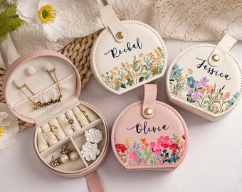 Custom Birth Flower Jewelry Box, Personalized Travel Jewelry Case for Bridesmaids, Gift for Mom, Best Friend Birthday Gift for Her