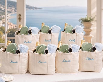 Bolso de lona con nombre personalizado, bolso de playa bordado para damas de honor para la fiesta nupcial.