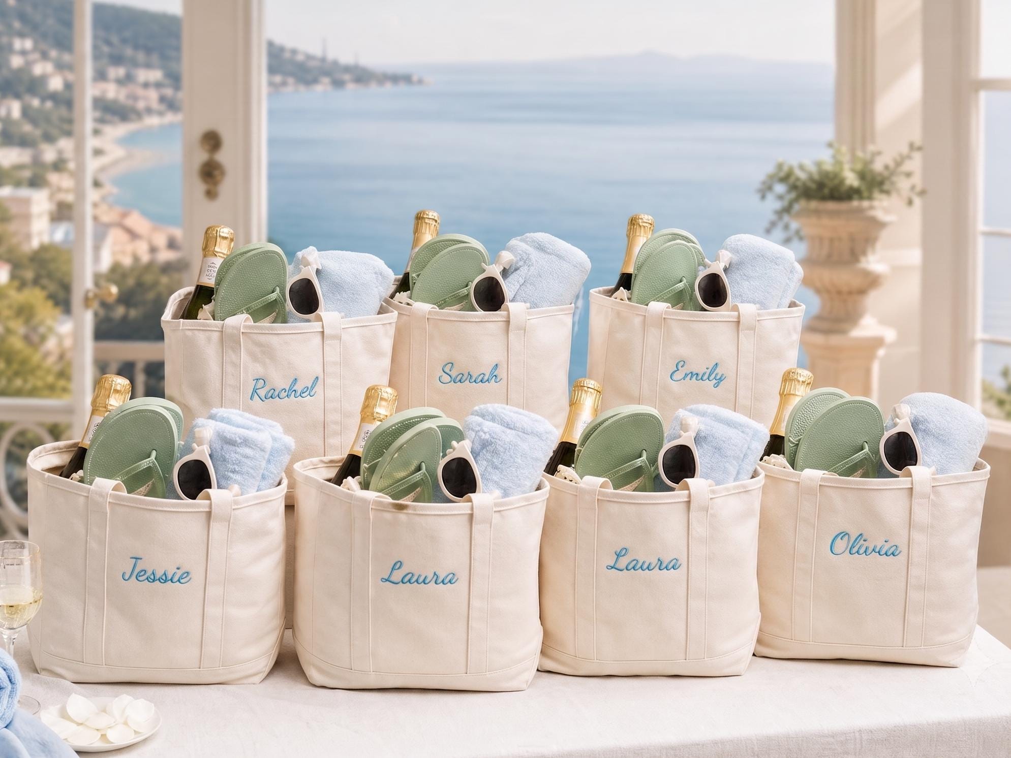 Canvas Tote Bag with Custom Name, Embroidered Bridesmaid Beach Bag for Bridal Party