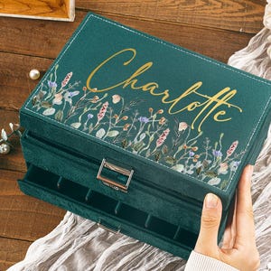 May include: A teal jewelry box with the name "Charlotte" in gold script. The box is decorated with a floral design and has a silver clasp. The box is open, revealing several compartments.