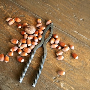 Op de afbeelding: Hazelnoten en een walnoot liggen op een houten oppervlak, samen met een zilveren notenkraker. De hazelnoten hebben bruine schillen en zijn samen met de walnoot gerangschikt. De notenkraker is van metaal.