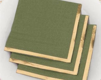50 Pack | Dusty Sage Beverage Napkins With Gold Foil Edges | Sage Green Napkin