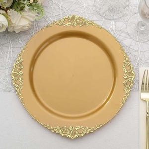 10 platos redondos de plástico para la cena, borde con relieve de hojas, dorados