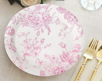 Pack Of 25 | Pink Floral Salad Appetizer Paper Plates | French Toile Pink