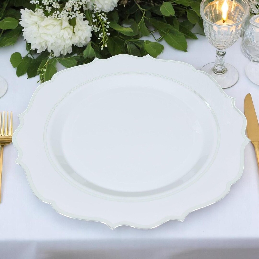 Scalloped Pearlware Rim 10 Pcs | 13'' White & Silver Scalloped Rim Charger Plates - Etsy