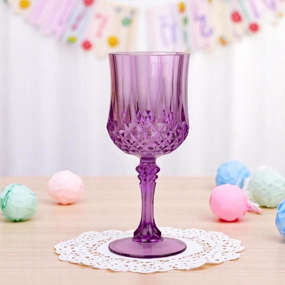 Plastic Wine Glasses Set of 6: 8oz Purple Embossed Goblets