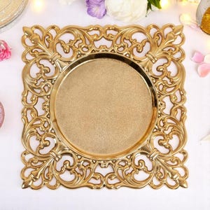 6 platos de base acrílicos dorados: borde de encaje cuadrado de 30 cm, decoración de mesa vintage