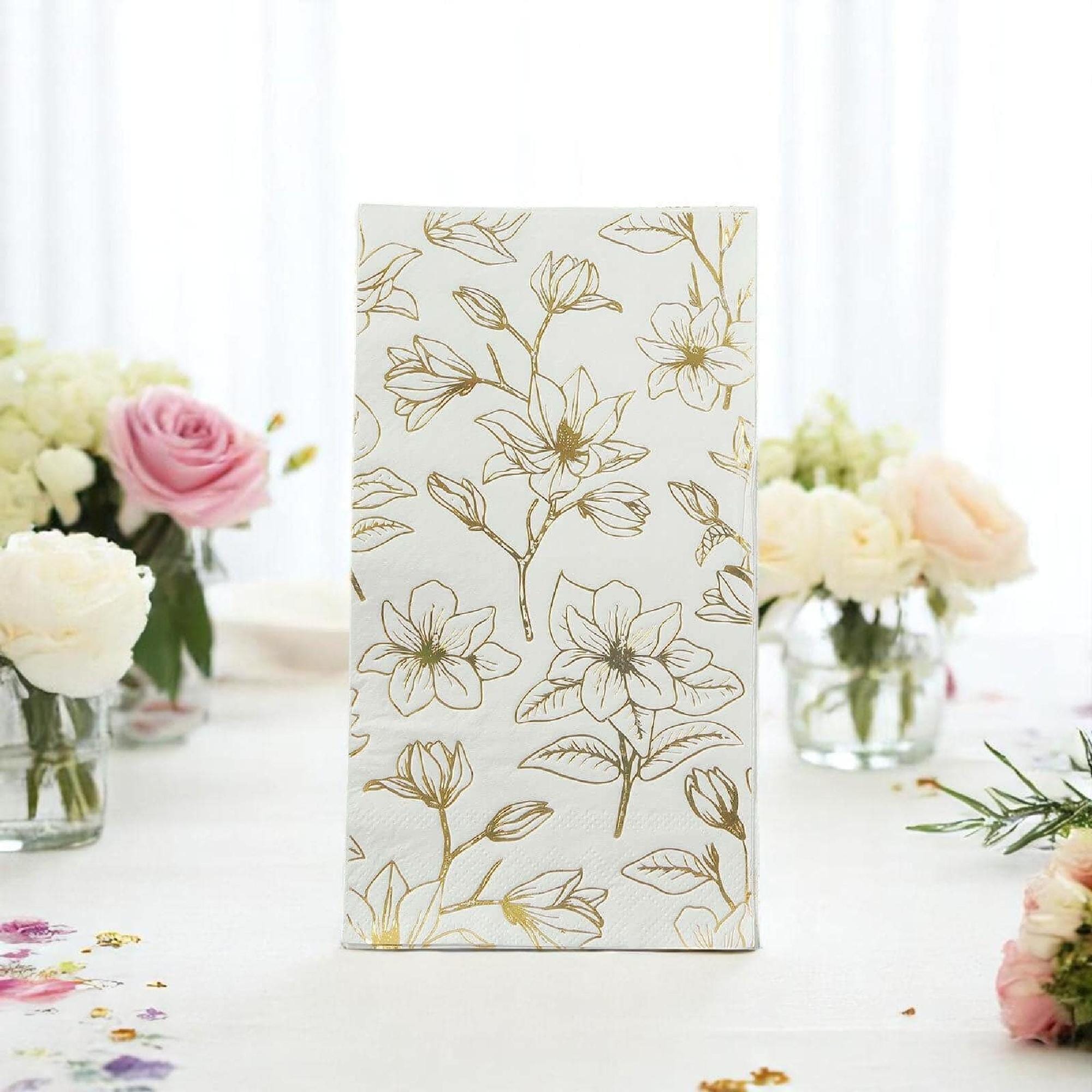 Floral Guest Towels 50ct 2 ply Dinner Napkins White Gold Magnolia Flowers Print