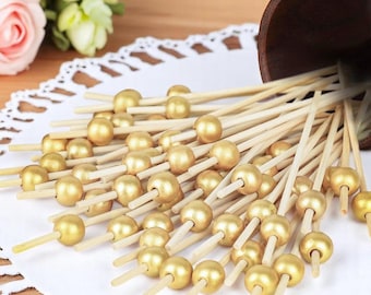 100pcs Gold Pearl Top Bamboo Cocktail Sticks