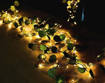 32ft Eucalyptus Garland String Lights-100 LED-Warm White Battery Powered Vines