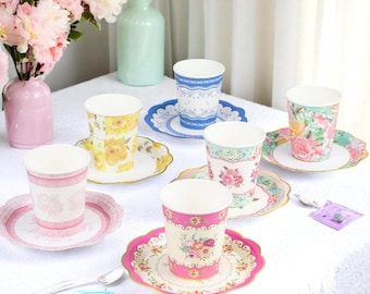 24 Ct. Vintage Floral Paper Tea Cups & Saucers - Party Decorations