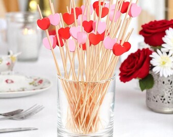 100pcs Pink & Red Heart Bamboo Fruit Sticks