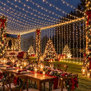 May include: An outdoor dining setup featuring a long wooden table decorated with red runners, greenery, and lanterns. Overhead, strings of warm white fairy lights create a canopy, while Christmas trees and red bows adorn the surrounding area.