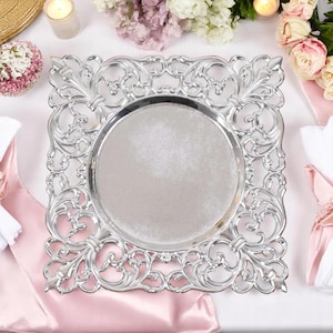 6 Silver Acrylic Charger Plates: 12&quot; Square Lace Border, Wedding Table Decor