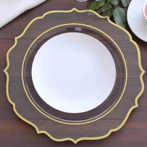 Platos de base con borde festoneado dorado - Vajilla desechable elegante de 13" - 10 piezas