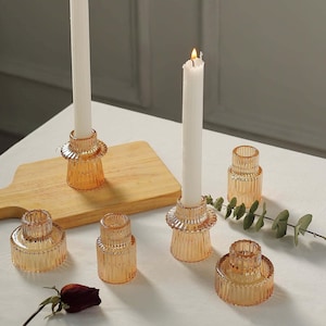 Taper Candle Holder-6 Pack-Vintage Glass Reversible Mini Votive Candle Stands - Gold