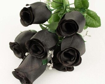 Silk Rose Buds | Black Artificial Flowers, 12 Bushes