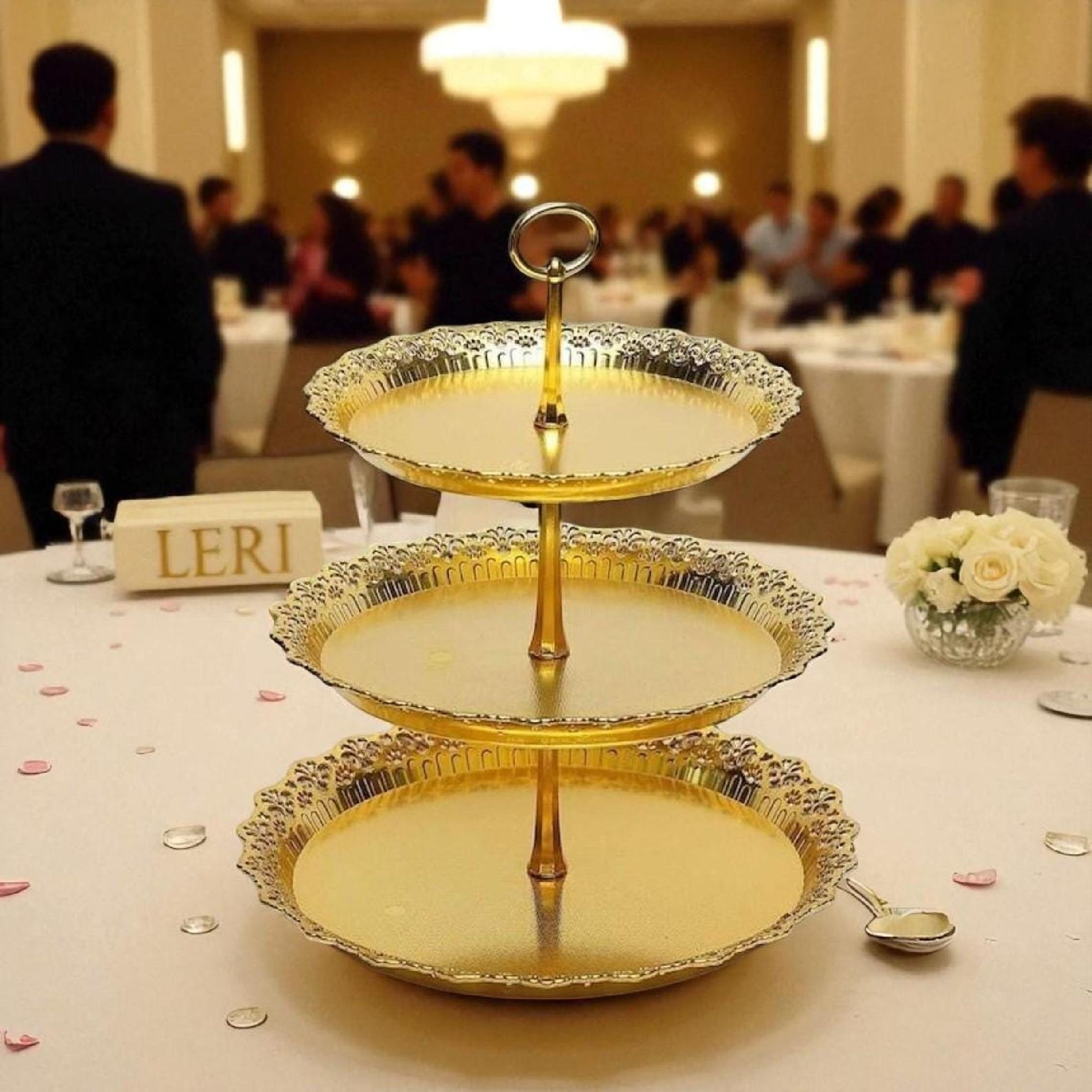 3Tier Gold Cupcake Stand Lace Edge White Plastic Dessert Tower