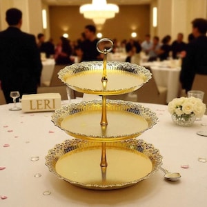 3-Tier Gold Cupcake Stand: Lace Edge White Plastic Dessert Tower