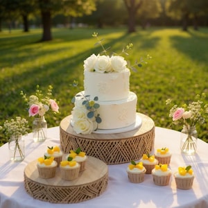 May include: A two-tiered white wedding cake decorated with white roses and floral accents, displayed on a wooden cake stand. Cupcakes with yellow fruit toppings are arranged on a smaller wooden stand, with additional floral arrangements in glass jars.