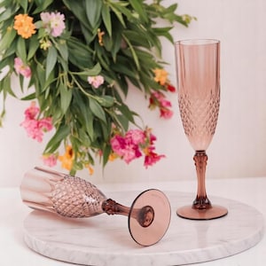 6 Dusty Rose Crystal Cut Champagne Flutes: Reusable Plastic Stemware