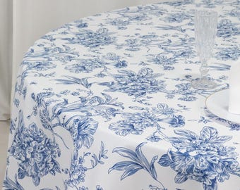 French Toile Tablecloth: 90" Blue Floral Polyester Linen