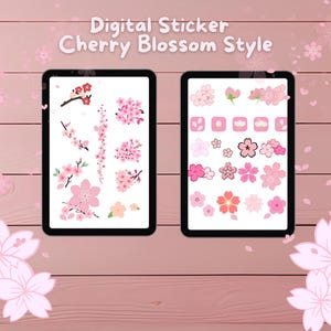 May include: Two digital sticker sheets featuring a cherry blossom theme. The first sheet includes a variety of pink cherry blossoms, including a branch with flowers and leaves. The second sheet includes a variety of pink cherry blossoms, including single flowers, flower clusters, and a cloud with a cherry blossom.