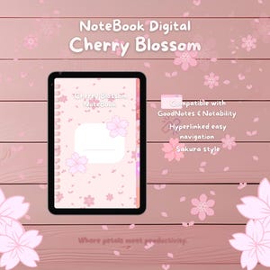 Puede incluir: Una plantilla de cuaderno digital con un diseño de flor de cerezo rosa. La plantilla es compatible con las aplicaciones GoodNotes y Notability. El texto "Cherry Blossom Notebook" es visible en la plantilla. El texto "Where petals meet productivity" es visible en la parte inferior de la imagen.