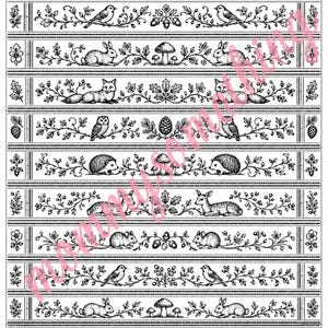 May include: A black and white digital print featuring multiple horizontal border patterns. Each row displays detailed illustrations of woodland animals including squirrels, birds, rabbits, foxes, owls, hedgehogs, mice, and deer, interspersed with oak leaves, acorns, and mushrooms.