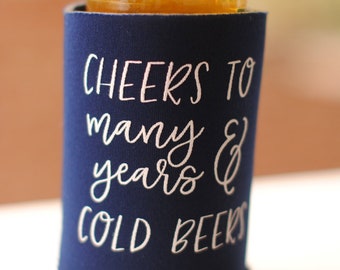 Cheers to Many Years and Cold Beers Personalized Wedding Can Coolers - Custom Favors for Guests, Welcome Bag Favors, Fun Wedding Sayings