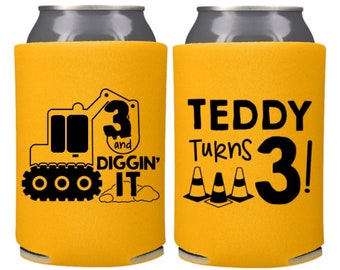 Excavator Birthday Can Coolers, Construction Birthday theme, Diggin' It Birthday Party Favors, Digging It Birthday - 3rd birthday (any age)